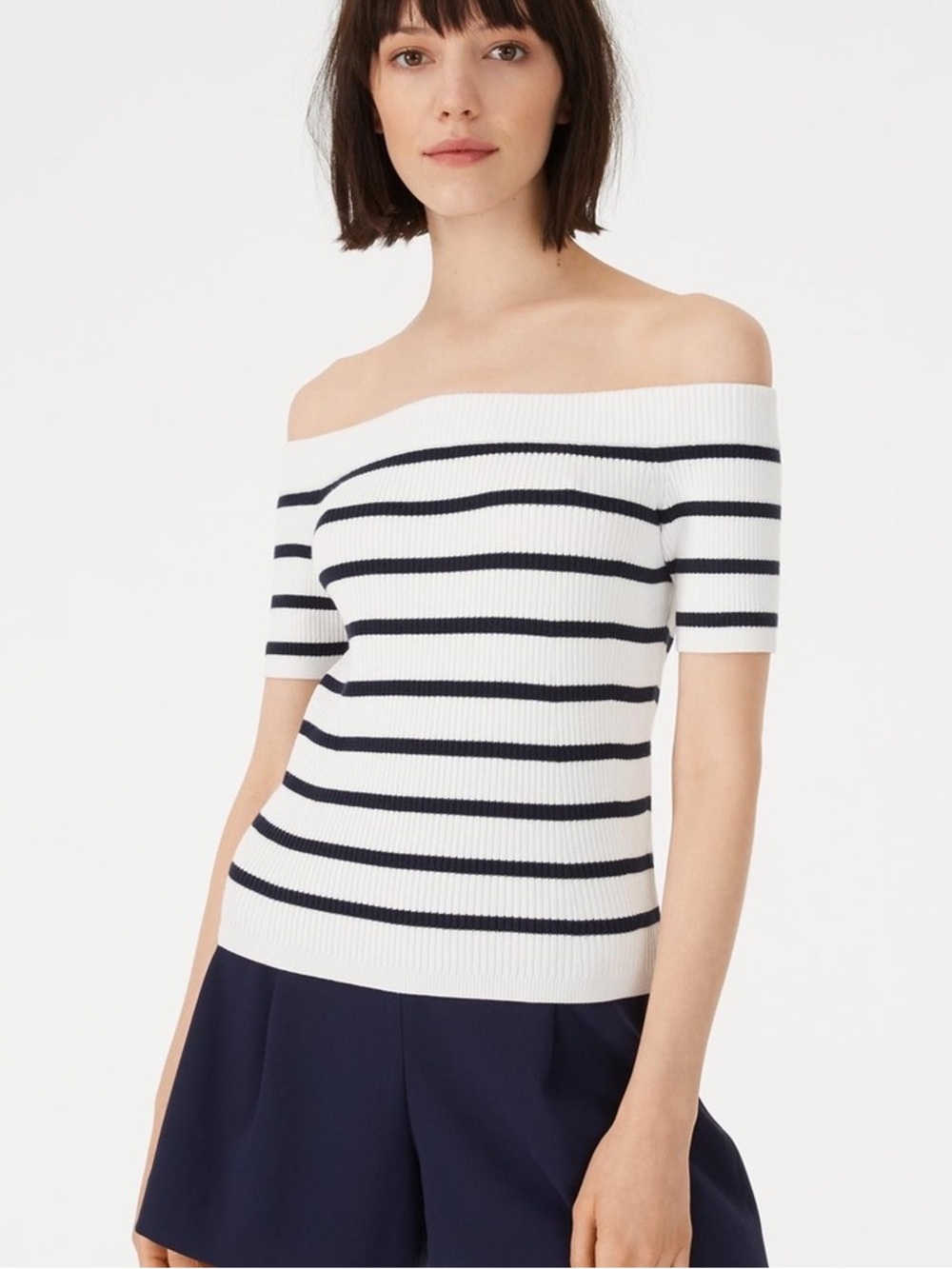 Club Monaco Zelphine White and Navy Striped Off-the-Shoulder Sweater